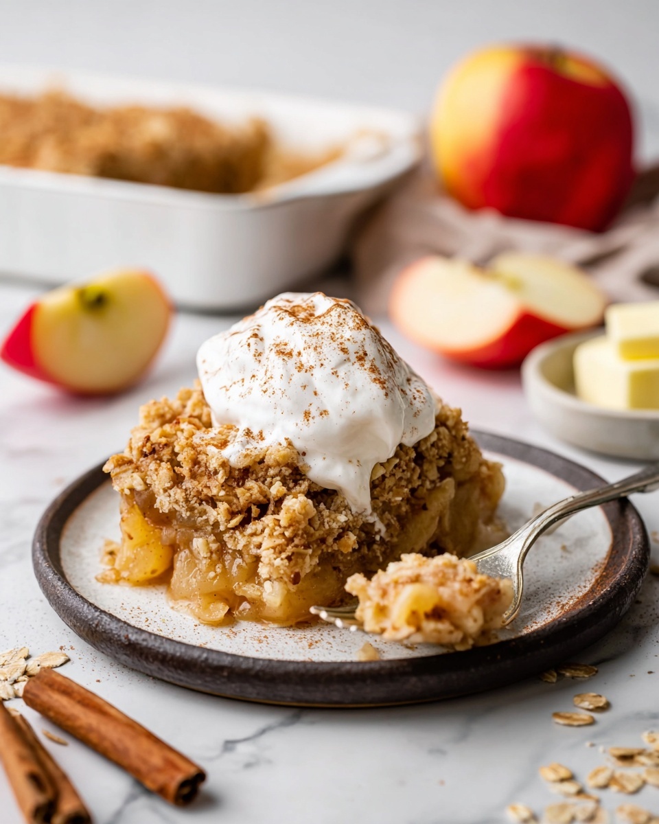 A single serving of apple crumble sits on a white plate with a dark rim, showing three layers: the bottom layer is soft and golden-brown baked apple pieces, the middle is a thick, crumbly oat and cinnamon mixture in a light tan color, topped with a generous dollop of white whipped cream sprinkled lightly with cinnamon powder. Next to the crumble are two fresh apple slices with red and yellow skin and pale yellow flesh. The white marbled surface features scattered oats and cinnamon sticks, while a blurred red and yellow apple and a dish of butter chunks are visible in the background. A fork holds a bite of the crumble with a woman's hand about to pick it up photo taken with an iphone --ar 4:5 --v 7