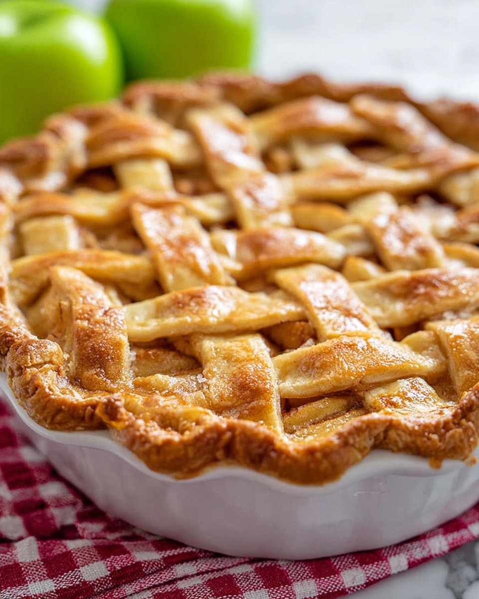 A slice of apple pie sits on a white plate with a silver fork to the left of the slice. The pie has three layers: the bottom is a light golden crust that looks flaky and thick; the middle layer is filled with soft apple slices mixed with cinnamon and a syrupy sauce, showing a mix of light brown and pale yellow colors; the top layer is a lattice crust that is shiny and golden brown with a slightly crispy texture. In the background, there is a white pie dish with more pie and two green apples, all placed on a white marbled surface. photo taken with an iphone --ar 4:5 --v 7
