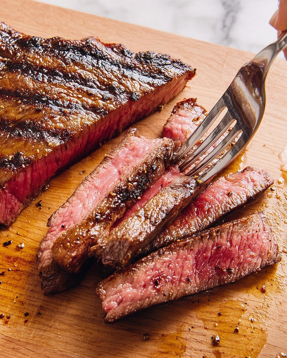 A sliced steak with a dark brown grilled outside and a bright pink inside, showing three layers of color: a dark brown thin crust, a light brown cooked middle, and a juicy pink center. The steak is on a thick light wooden cutting board with meat juices around. A woman's hand holding a fork presses down on the steak near the top right side. The background surface is a white marbled texture photo taken with an iphone --ar 4:5 --v 7