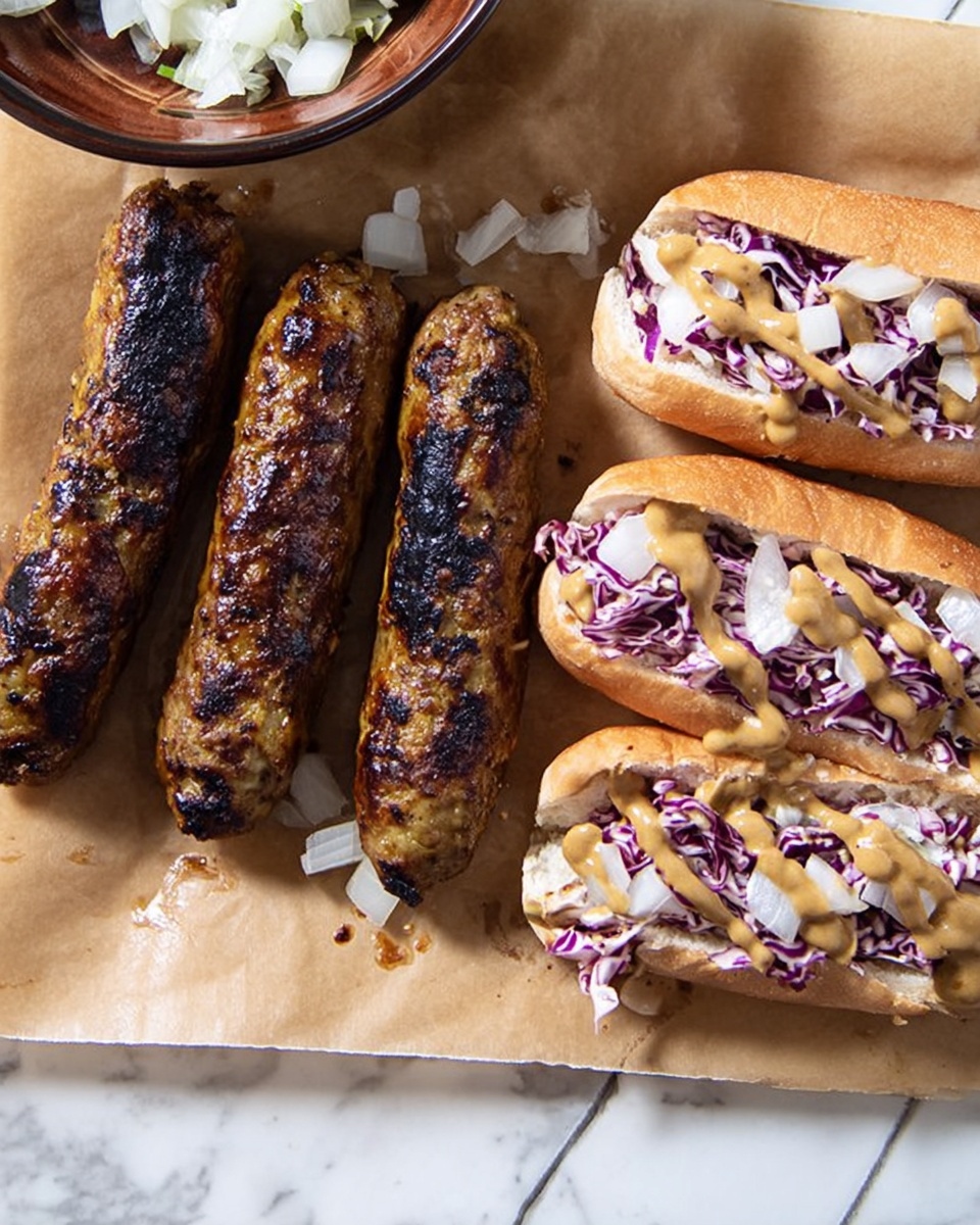 A single hot dog sits on a white plate with a scalloped edge, placed on a white marbled surface. The hot dog bun is brown and soft-textured, holding a filling of cooked zucchini pieces at the bottom. On top of the zucchini is a layer of creamy white sauce mixed with small bits of purple cabbage. Finely chopped white onions are sprinkled over the sauce, adding texture and light color contrast. In the background, another hot dog with a similar filling is partially visible along with a white bowl containing extra chopped onions. A woman's hand is partially shown holding a knife near the second hot dog. Photo taken with an iphone --ar 4:5 --v 7
