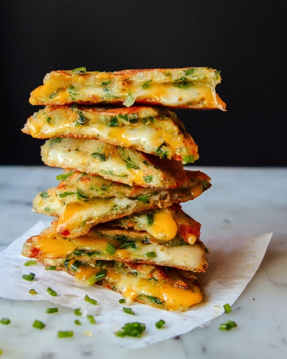 A stack of five golden-brown, crispy pancakes filled with melted bright orange cheese and green chopped scallions, each pancake layered on top of the other, showing gooey cheese oozing slightly from the sides. The pancakes have a textured look with green scallion pieces all through the batter. The stack sits on white parchment paper scattered with extra chopped scallions, all placed on a white marbled surface with a simple dark gray background. photo taken with an iphone --ar 4:5 --v 7