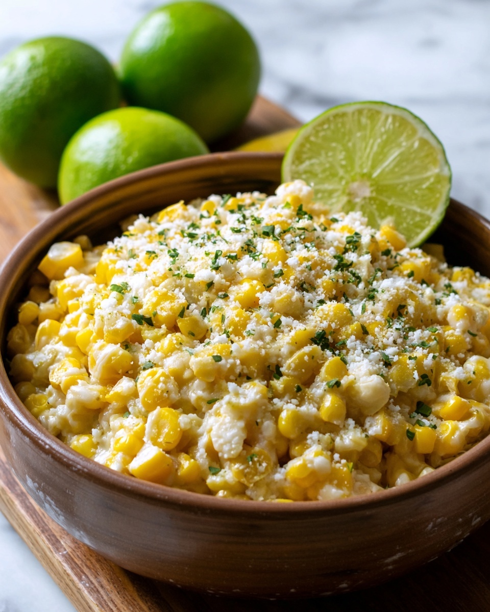 A brown bowl filled with a mix of yellow and white cooked corn kernels, topped with white grated cheese and small green herb pieces sprinkled all over. Behind the bowl, there is a slice of bright green lime placed upright, and two whole green limes are visible in the blurry background on a white marbled surface. The dish looks creamy and textured with the soft corn and cheese layers blending together. photo taken with an iphone --ar 4:5 --v 7