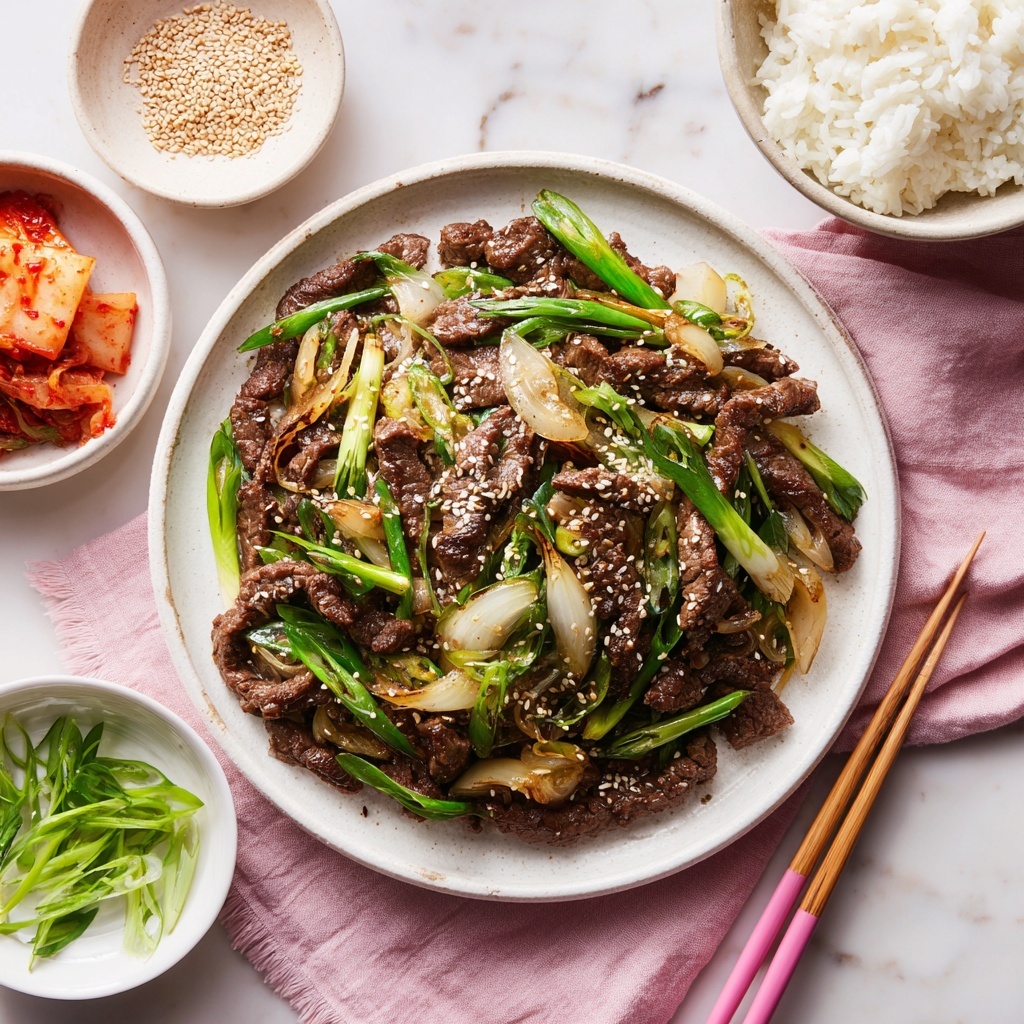 A white bowl on a white marbled surface holds four main layers arranged side by side: bright purple shredded cabbage on the upper left, dark brown seasoned ground meat sprinkled with white sesame seeds and green onion slices just below the cabbage, curly pale green cucumber ribbons on the upper right, and fluffy white rice on the lower right. Below the meat, there is bright orange-red kimchi with visible cabbage leaves soaked in sauce. Wooden chopsticks rest near the top-right edge of the bowl, and small white bowls with green onion slices, sesame seeds, and kimchi are placed around the main bowl. A pink cloth is partially visible under the bowl. Photo taken with an iphone --ar 4:5 --v 7