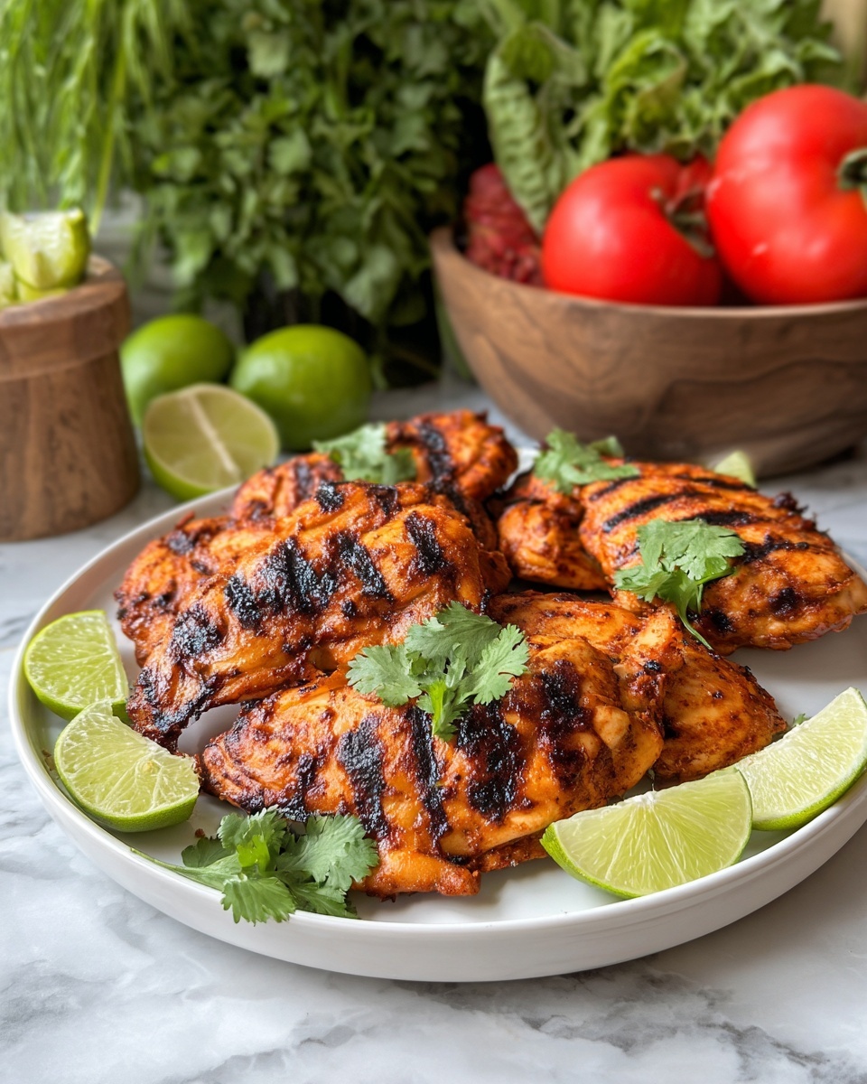 A white round plate holds eight grilled chicken pieces arranged in a slightly overlapping pattern. Each chicken piece shows clear, dark grill lines and a golden-brown color with a slightly charred texture. Around the chicken, fresh green cilantro leaves add bright green spots, and several lime slices with pale green flesh and white edges are placed on the plate edges and beside it. The background is a dark surface with green cilantro sprigs scattered around. photo taken with an iphone --ar 4:5 --v 7