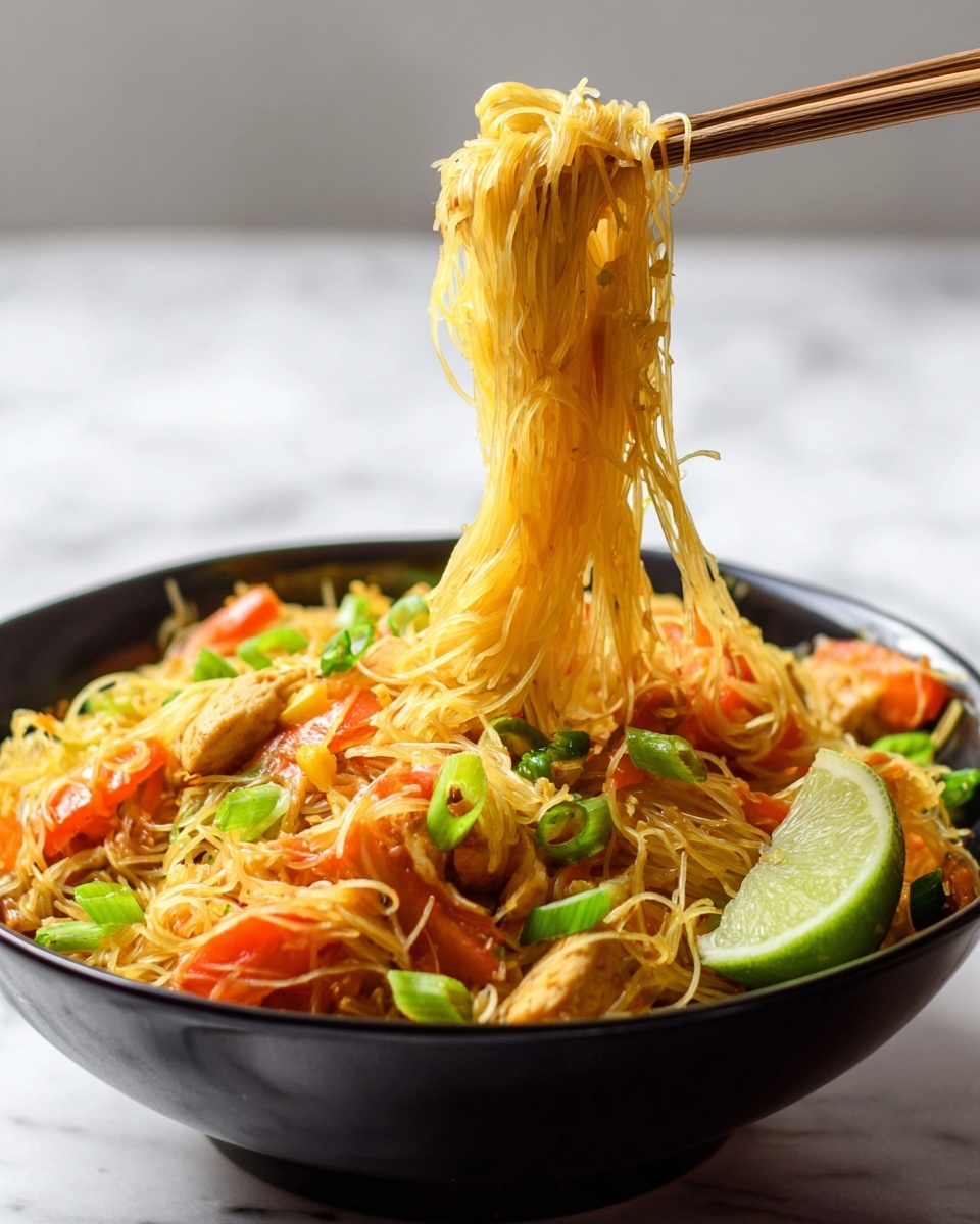 A black bowl holds a large portion of thin yellow noodles mixed with bright orange bell pepper slices and small chunks of light brown cooked chicken pieces. Green slices of spring onion are sprinkled throughout the noodles, adding a fresh touch. On the side of the bowl, a lime wedge leans against the noodles. A pair of chopsticks lifts a bundle of noodles above the bowl, showing their thin, slightly shiny texture. The bowl sits on a white marbled surface with soft natural light highlighting the colors. Photo taken with an iphone --ar 4:5 --v 7