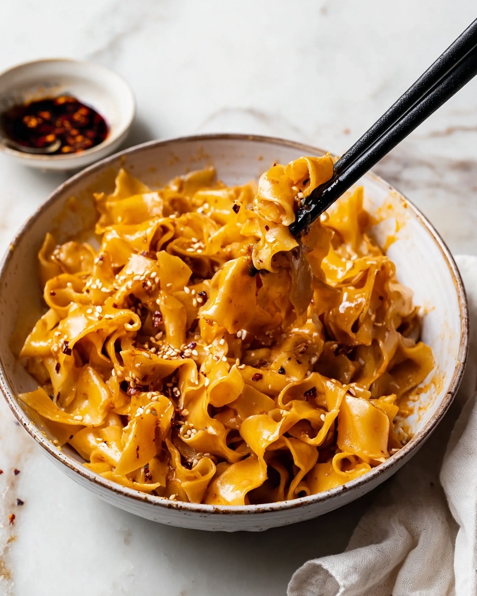 The image shows a white bowl filled with wide, ruffled pasta noodles coated in a glossy, light orange sauce with a creamy texture. The pasta is sprinkled lightly with small white sesame seeds. Black chopsticks are holding some noodles above the bowl, displaying the ruffled edges and sauce coverage clearly. In the background on the white marbled surface, there is a small white bowl with a dark red chili oil sauce and a white cloth napkin partially visible. The scene is bright and clean, highlighting the rich color and texture of the sauced pasta. photo taken with an iphone --ar 4:5 --v 7