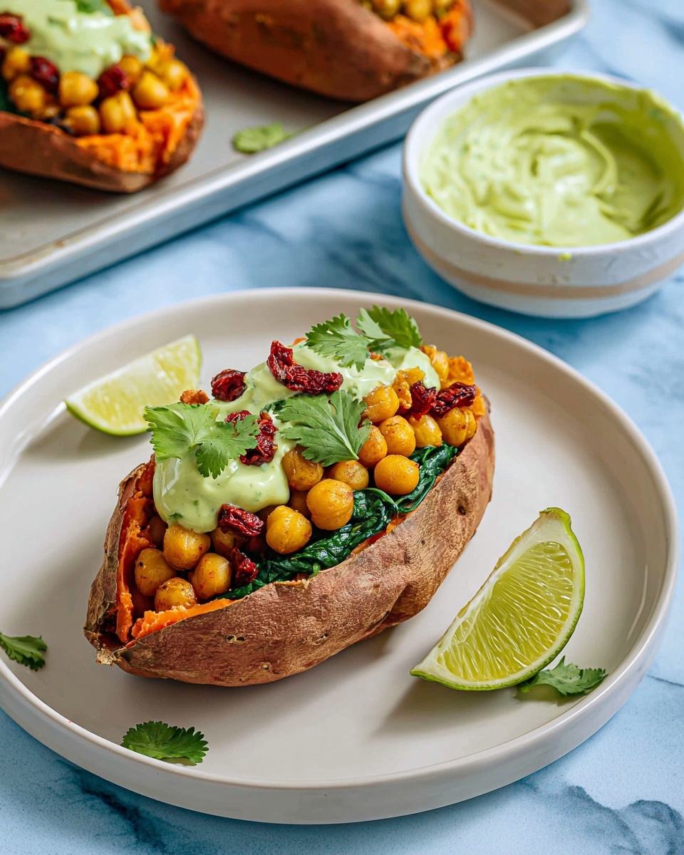 A stuffed sweet potato is placed on a white plate with a smooth and light texture. The sweet potato is split open, showing three layers inside: a base of cooked spinach with deep green leaves, a middle layer of bright yellow-orange chickpeas scattered with small chopped sun-dried tomatoes in red, and topped with a creamy light green sauce garnished with fresh cilantro leaves. Next to the plate, there is a wedge of lime with a bright green color. In the background, there is a small white bowl filled with more of the creamy green sauce, and a tray with another stuffed sweet potato, all set on a white marbled surface. Photo taken with an iphone --ar 4:5 --v 7