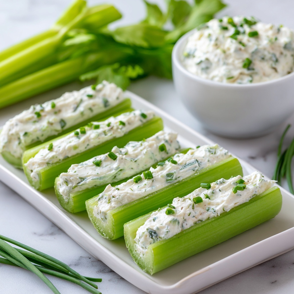 The image shows five green celery sticks laid out on a white rectangular plate, each filled with a smooth, creamy white cheese mixture that has small green herb pieces mixed in. The cheese filling is spread evenly inside each celery stick, and some finely chopped fresh green chives are sprinkled on top and around the sticks on the plate. In the background, there is a white bowl filled with more of the creamy cheese mixture with visible herbs, and fresh celery stalks with leaves are placed nearby. The setting includes a soft white marbled surface as the base. Photo taken with an iphone --ar 4:5 --v 7