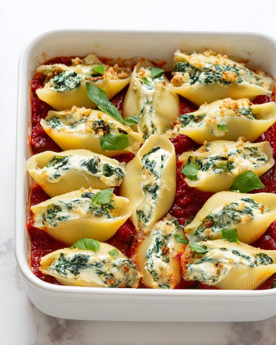 The image shows a white dish filled with large pasta shells stuffed with creamy, white cheese mixed with dark green spinach leaves. The shells are arranged closely side by side, sitting in a red tomato sauce that is partly seen between the pasta. On top, thin strips of fresh green basil are scattered, adding a fresh touch. The pasta has a slightly textured yellow color with visible ridges, and the sauce has small chunks of tomato. The bright and fresh colors of the cheese, spinach, and basil contrast nicely with the red sauce and yellow pasta, all set against a white marbled surface. Photo taken with an iphone --ar 4:5 --v 7