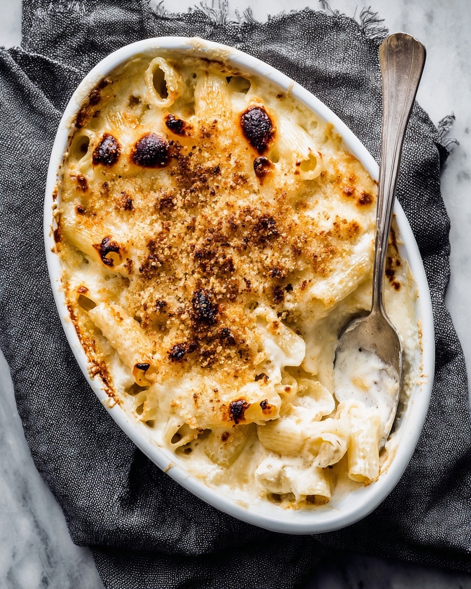 A close-up view of a white dish filled with creamy pasta, showing thick, tubular noodles covered in a smooth, white sauce. On top, a generous layer of light brown breadcrumbs is scattered, adding a textured, crumbly surface. The dish has two handles and sits on a light beige cloth, all set against a white marbled surface. The focus is sharp on the front pasta pieces and breadcrumbs while softening toward the background. photo taken with an iphone --ar 4:5 --v 7