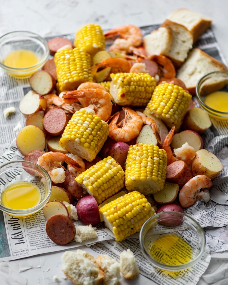 The image shows a clear glass rectangular dish filled with several layers of food placed on a white marbled surface. The bottom layer includes chunky yellow corn on the cob pieces with tightly packed kernels, bright orange cooked shrimp with shells and tails visible, and sliced light brown sausage rounds scattered evenly. Above the main layers, there are halved red-skinned potatoes with smooth creamy insides, and pieces of white crusty bread placed on top around the edges. The colors are vibrant with yellow, orange, red, and beige tones contrasting against the transparent dish and white marble background. Photo taken with an iphone --ar 4:5 --v 7