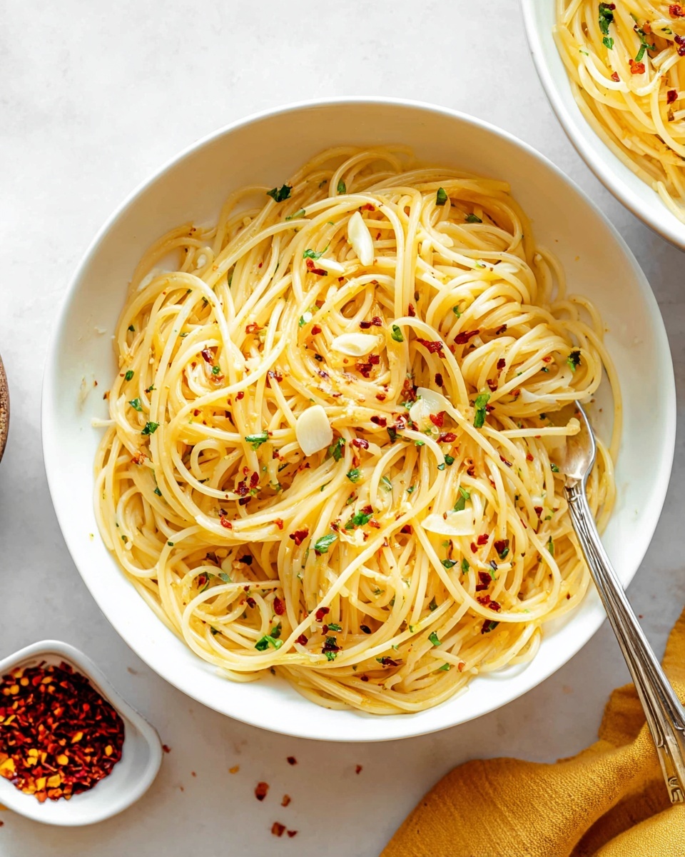 A white bowl filled with light yellow spaghetti noodles, mixed with thin, pale slices of garlic and small green herb flakes evenly spread throughout. Tiny red chili flakes are scattered on top, adding specks of bright red color. A silver fork is twisting some noodles from the bottom left inside the bowl. The bowl sits on a white marbled surface with a small white dish of red chili flakes nearby and a corner of a yellow cloth visible at the bottom right. Another white bowl with a similar spaghetti dish is partially visible in the upper right corner. Photo taken with an iphone --ar 4:5 --v 7