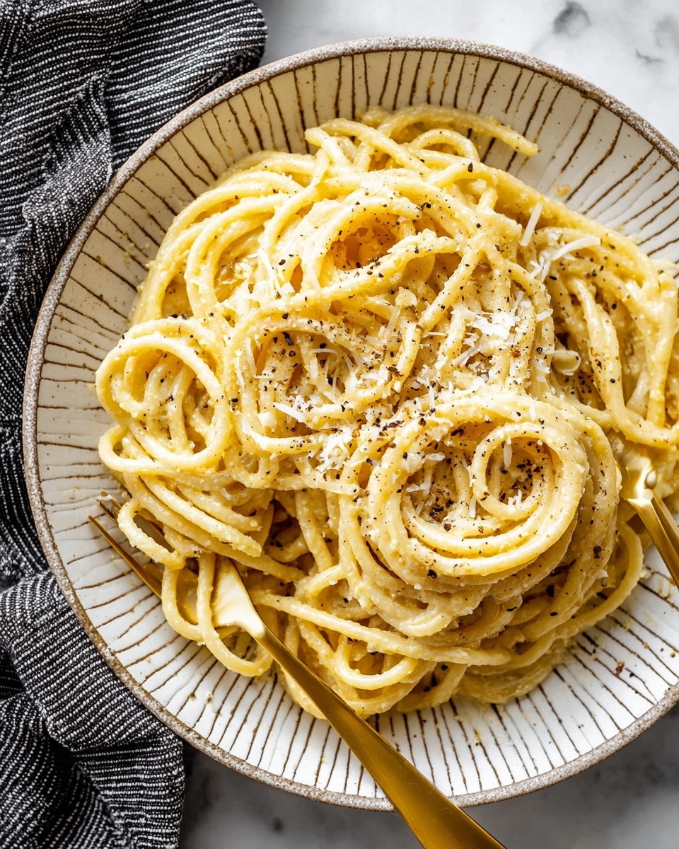 A white bowl with brown stripes on the edge is filled with thick, light yellow pasta noodles arranged loosely in a circular pattern. The noodles have a smooth, slightly glossy texture and are topped with small shreds of white cheese and a sprinkling of black pepper. Two gold forks rest on the right side, one partially twisted with noodles around it. The bowl is placed on a white marbled surface with a folded dark striped cloth to the left edge. photo taken with an iphone --ar 4:5 --v 7