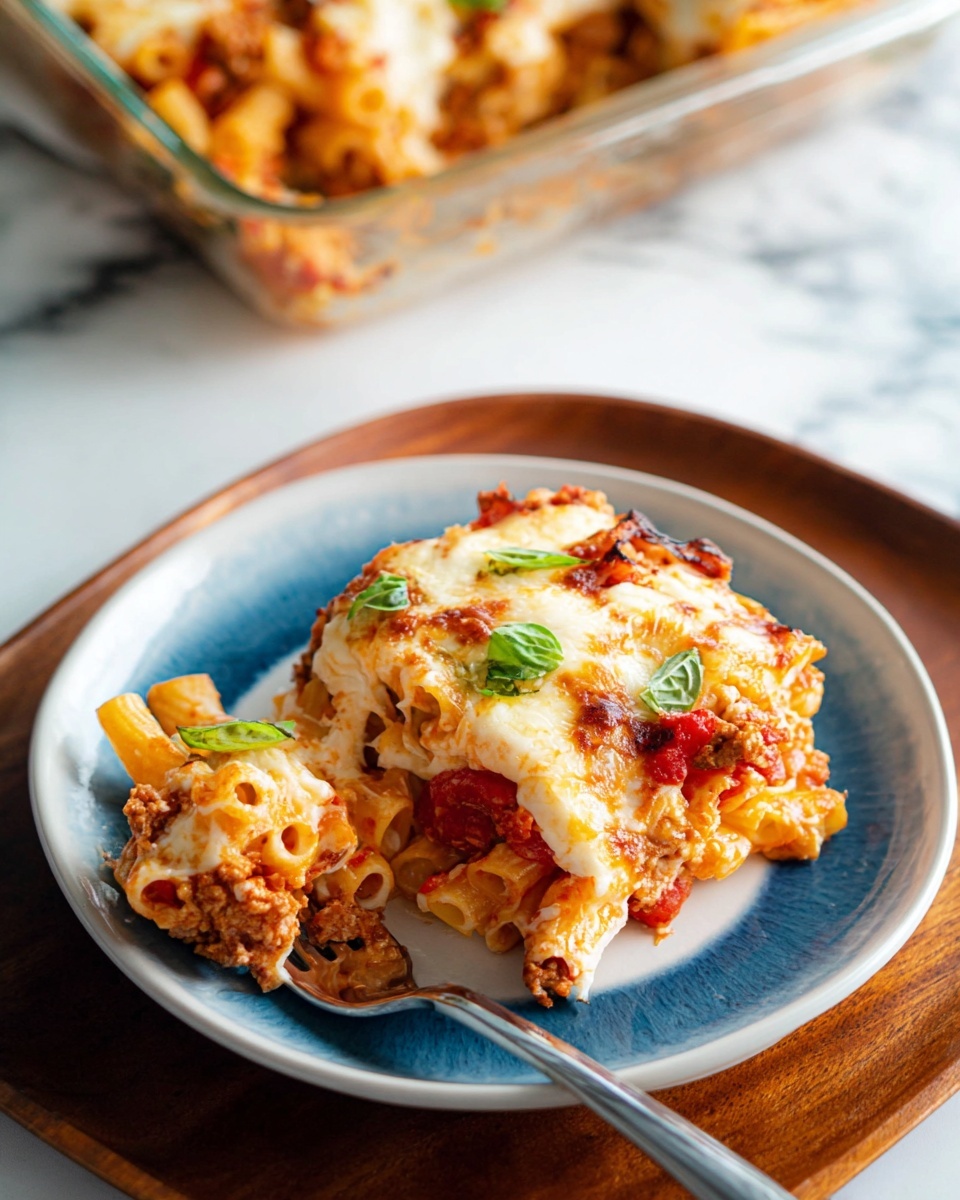 A slice of baked pasta sits on a white plate with a blue center, placed on a wooden tray over a white marbled surface. The pasta layers show a bottom of tube-shaped pasta mixed with chunky tomato sauce and bits of browned meat. Above this is a golden melted cheese layer with patches of brown from baking, topped with small fresh green basil leaves. A fork rests beside the pasta slice, slightly lifting it. In the background, a glass baking dish with more pasta is partially visible on the white marbled surface. photo taken with an iphone --ar 4:5 --v 7