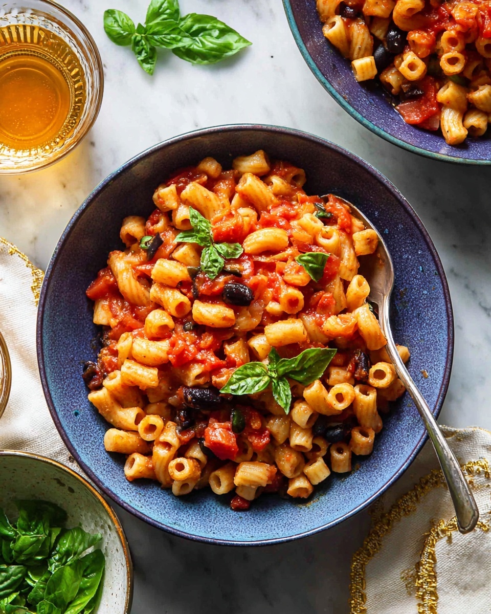 Two bowls of pasta with tomato sauce and fresh green basil leaves sit on a white marbled surface. Each bowl holds three layers: small round pasta pieces in a light brown color at the bottom, a layer of rich red tomato sauce mixed with darker pieces of olives and seasoning in the middle, and scattered bright green basil leaves on top. One bowl has a silver spoon resting inside it. Next to the top bowl, there is a glass filled with orange-colored liquid and a white packaged bag of Ditalini Rigatti pasta. A cream-colored cloth with gold trim lies beside the bottom bowl. photo taken with an iphone --ar 4:5 --v 7