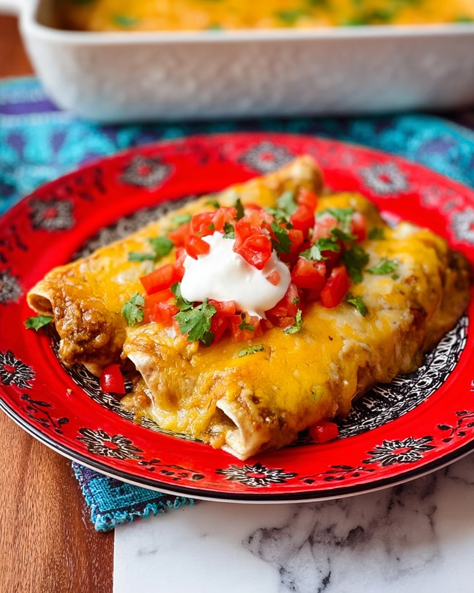 A red plate with a white and black pattern around the edge holds two enchiladas covered in melted golden-yellow cheese, topped with finely chopped bright red tomatoes and fresh green cilantro. In the middle of the enchiladas, there is a dollop of smooth white sour cream. The plate sits on a wooden surface next to a blue patterned cloth, and a white baking dish filled with more enchiladas is blurred in the background. The entire scene is set on a white marbled surface. Photo taken with an iphone --ar 4:5 --v 7