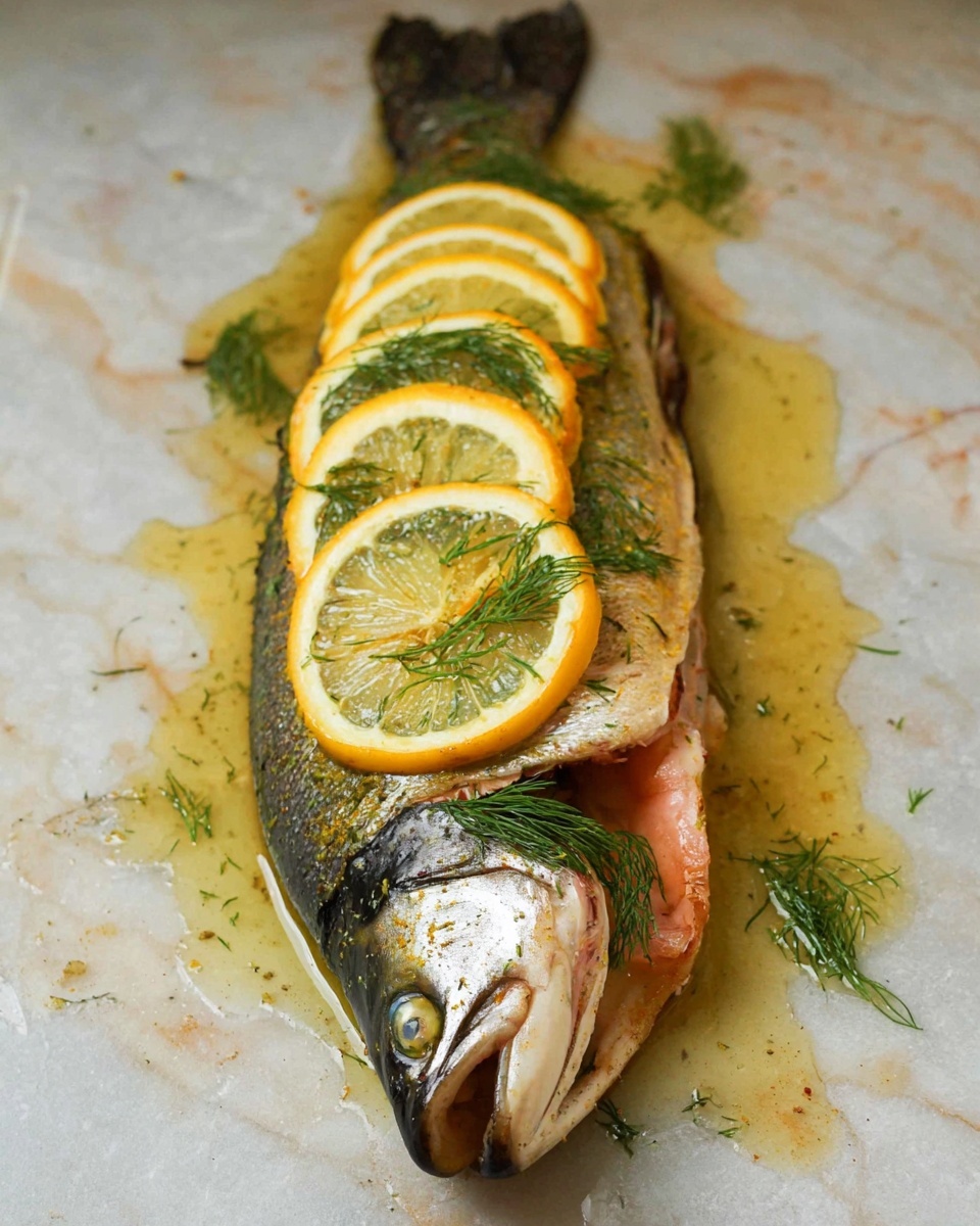 A whole cooked fish with golden brown skin lies on a white plate, positioned slightly diagonally. Under the fish, there are thin slices of lemon arranged in a small overlapping row, showing light yellow tones and some green herb leaves. To the left side of the fish, a lemon wedge with bright yellow color sits near a silver fork placed pointing upwards. On the right side of the plate is a single thick slice of bread with a crunchy brown crust and soft pale inside with visible air holes. Around the plate, fresh green dill sprigs lie on a white marbled surface, adding freshness to the scene. Photo taken with an iphone --ar 4:5 --v 7