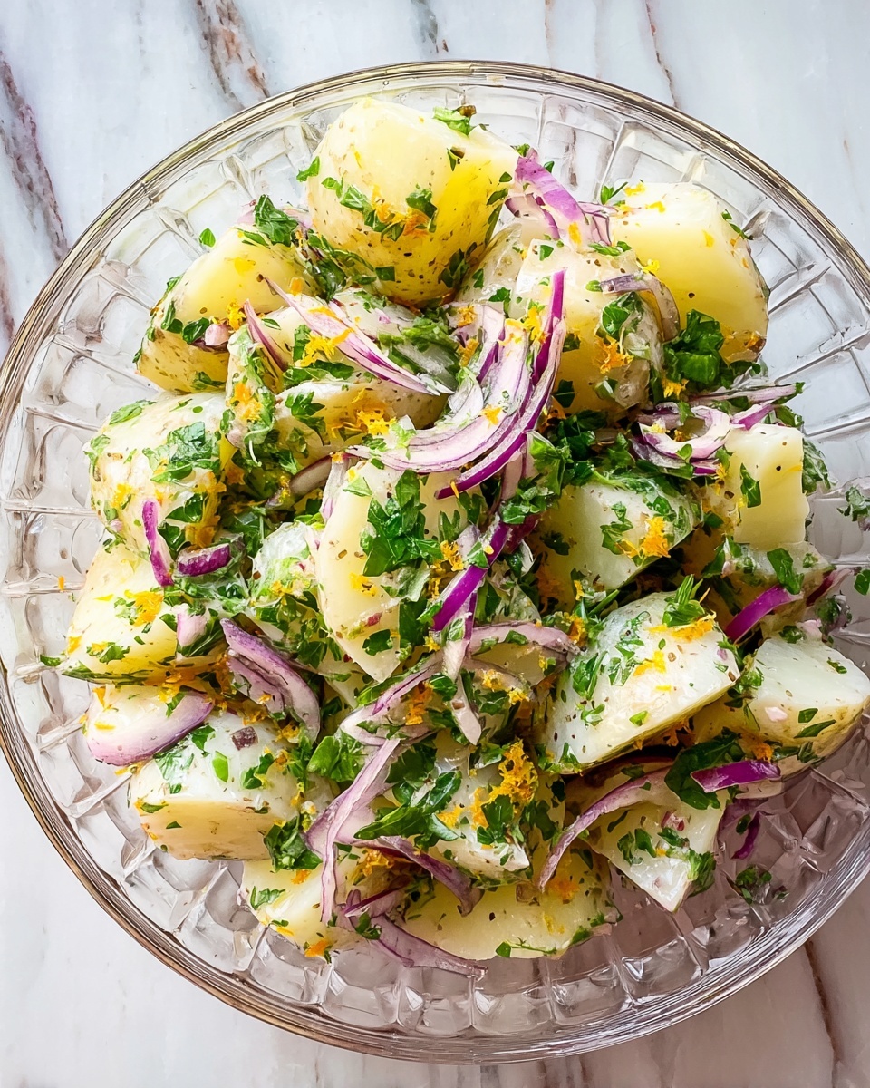 A white bowl holds a salad with three main layers: large pale yellow potato pieces at the bottom, topped with thin slices of purple onion and small green leaves scattered on top. There are also small bits of grated orange zest and some black pepper sprinkled over everything, adding texture and color. To the left of the bowl, there is a small glass bowl full of bright orange grated zest. On the right side of the image, there is a white marbled-textured bowl with light beige dressing inside and a spoon resting in it. The whole setting is on a white marbled surface. photo taken with an iphone --ar 4:5 --v 7