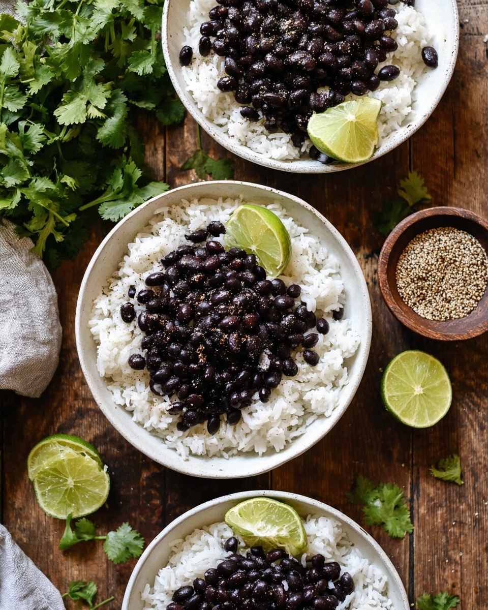 The image shows three white bowls filled with two layers each: a base of white rice and a top layer of dark black beans sprinkled with black pepper. Each bowl has a small lime wedge placed on the side of the beans layer. The bowls are arranged on a wooden surface with lime halves placed nearby, along with a small bowl of spices and some green cilantro leaves. The focus is on the contrast between the white rice and black beans, set against the natural wood background. Photo taken with an iphone --ar 4:5 --v 7