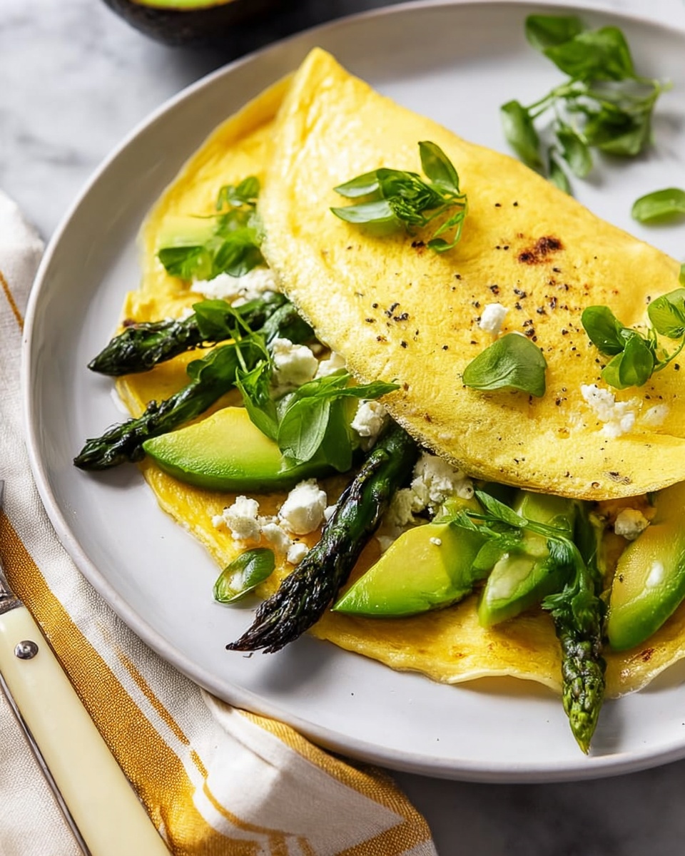 A light yellow omelette folded in half sits in a black pan. Inside the omelette, there are green asparagus stalks, fresh green leafy spinach, sliced avocado with pale green flesh, and small white chunks of cheese. A woman's hand is holding a black spatula with a wooden handle, lifting the omelette slightly. The pan is placed on a white marbled surface with some green leaves around the top corner. Photo taken with an iphone --ar 4:5 --v 7