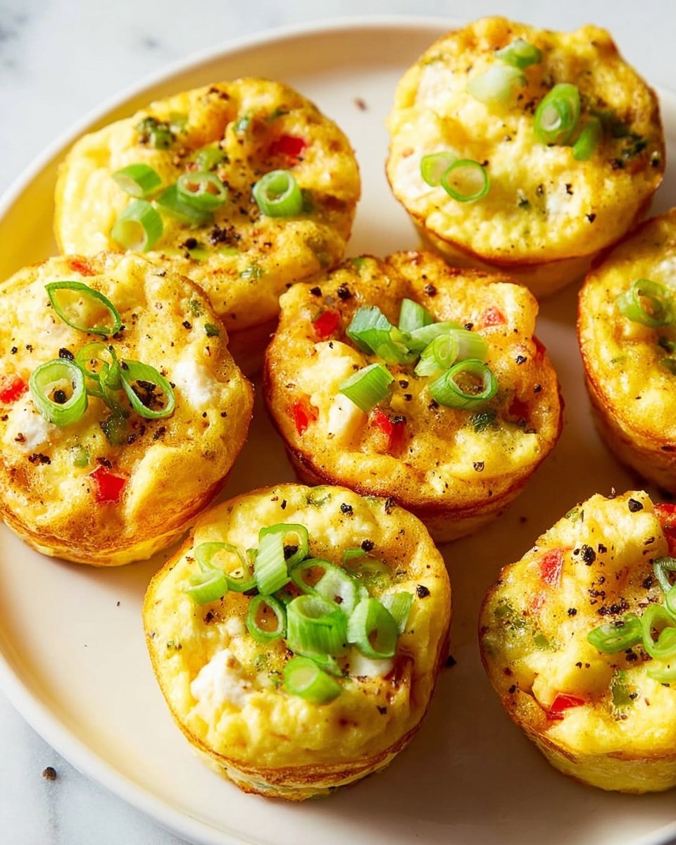Seven small round egg muffins are placed on a white plate over a white marbled surface. Each muffin is golden yellow and slightly browned on the edges, showing a fluffy texture with visible bits of red bell pepper, white cheese, and green onions mixed inside. The tops of the muffins are garnished with fresh green onion slices, adding a pop of bright green color. Black pepper flakes are sprinkled softly over the muffins and the plate, giving a mild contrast to the yellow color. Photo taken with an iphone --ar 4:5 --v 7