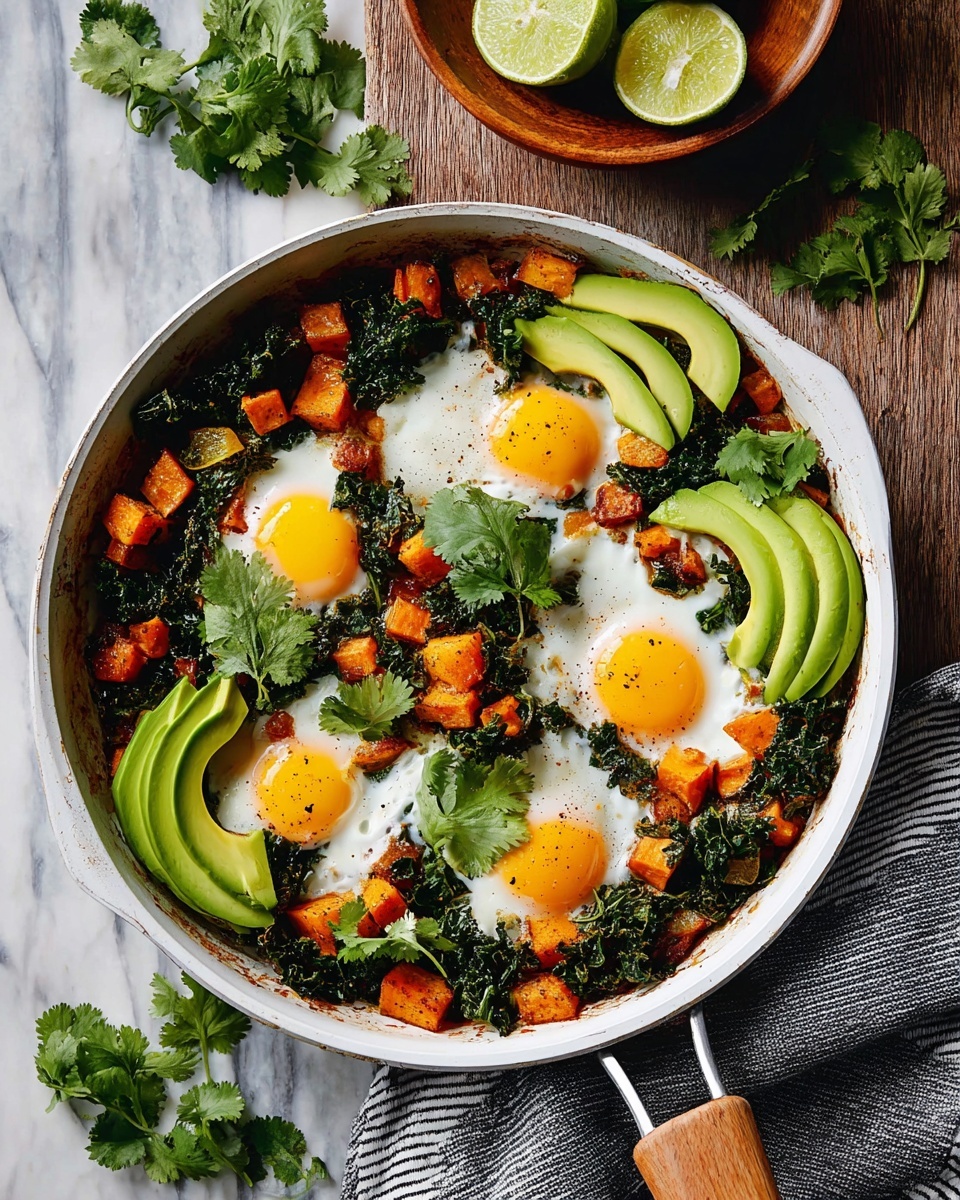 A white pan contains a colorful mix of cooked ingredients. At the base, there are four sunny-side-up eggs with bright yellow yolks and soft white edges. Around and between the eggs, small, orange cubes of cooked sweet potatoes are spread, mixed with dark green leafy cooked kale bits. On top of this base are slices of light green avocado placed evenly around the eggs. Fresh green cilantro leaves are scattered across the dish, adding a fresh touch. The food is lightly sprinkled with black pepper. The background is a white marbled surface. photo taken with an iphone --ar 4:5 --v 7