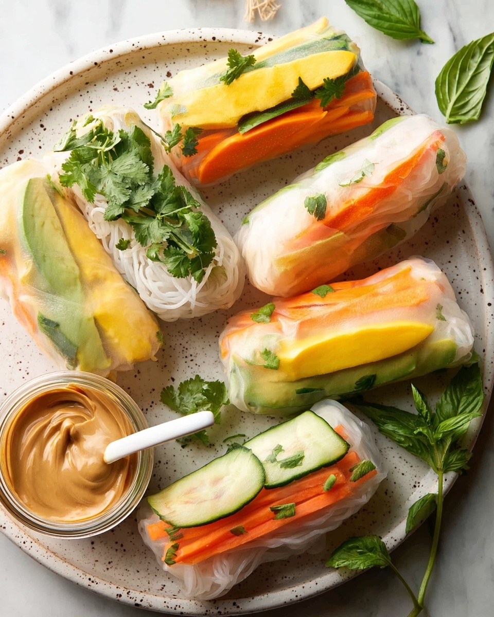The image shows six fresh spring rolls arranged on a white speckled round platter placed on a white marbled surface. Each roll is wrapped in thin translucent rice paper revealing colorful layers inside. One roll is layered at the top with bright orange carrot strips and green cucumber slices, another has a thick layer of fresh green cilantro leaves, one has slices of yellow mango and orange carrot, and another features slices of green avocado over bright orange carrot and white noodles. The rice paper is smooth and slightly shiny, wrapping around the fresh ingredients tightly. Next to the rolls is a small clear jar filled with a light brown creamy peanut dipping sauce with a white spoon inside. Small sprigs of fresh cilantro and basil leaves are scattered around the platter. Photo taken with an iphone --ar 4:5 --v 7
