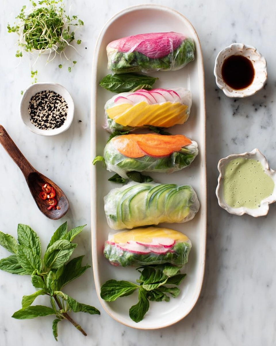 A white bowl filled with smooth white sauce speckled with green herbs sits at the center, with a wooden spoon inside it. To the upper left is a white bowl holding thick white noodles. Surrounding the bowls are bright, thin, round slices of watermelon radish with rosy pink centers and pale edges, and orange-yellow peach slices. There are fresh green herbs scattered around, including mint and basil leaves. To the lower left, white cheese blocks are placed on a white scalloped plate. All items rest on a white marbled surface. Photo taken with an iphone --ar 4:5 --v 7