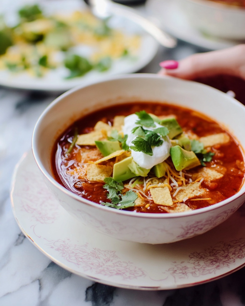 A white bowl holds a rich red soup as the base, topped with small broken crispy tortilla pieces scattered across the surface. In the center, there are bright green chunks of avocado and a dollop of smooth white cream. Fresh cilantro leaves, vibrant green in color, are placed around the soup, adding a fresh touch. The bowl sits on a white plate with a detailed embossed pattern, against a white marbled background. Photo taken with an iphone --ar 4:5 --v 7