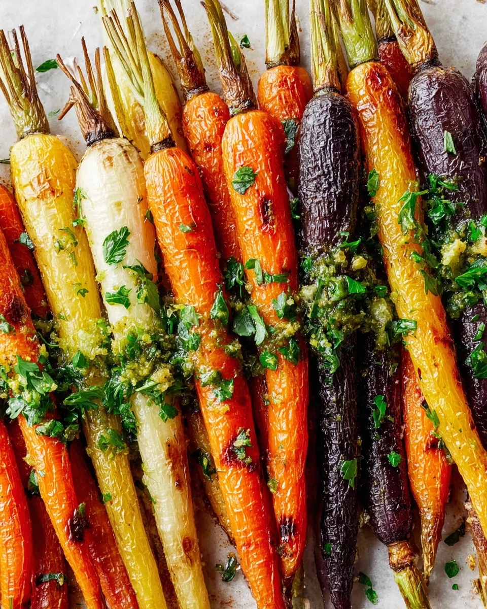 The image shows a close-up of many roasted carrots lying side by side on a white marbled surface. The carrots come in different colors: orange, yellow, creamy white, and deep purple, all with a slightly wrinkled and caramelized texture from roasting. Each carrot still has its tip and a small green stem attached. On top of the carrots, there is a fresh and bright green herb mix, likely parsley, with some small pieces of garlic and zest, adding a sprinkle of texture and color contrast across the vibrant carrots. Photo taken with an iphone --ar 4:5 --v 7