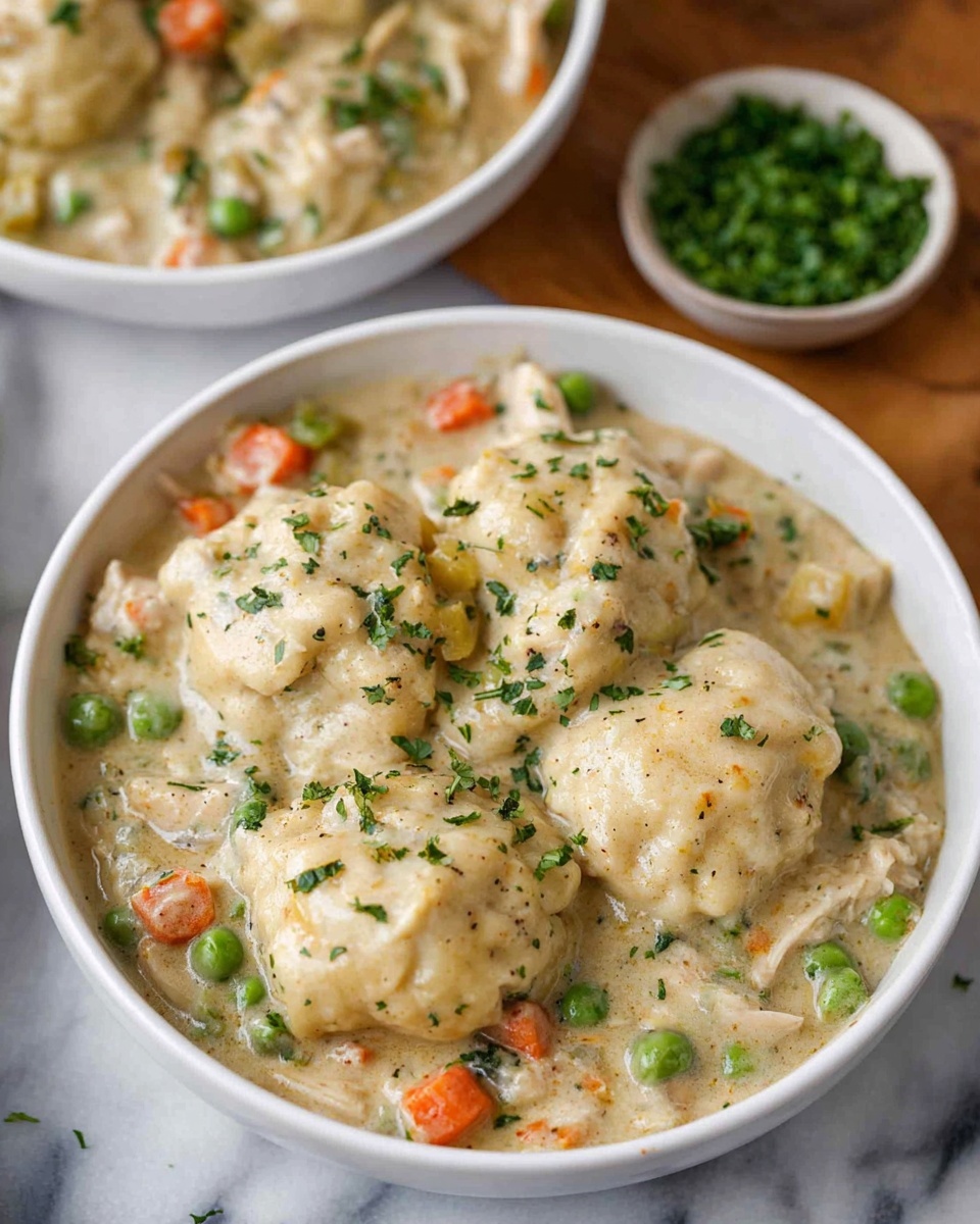 The image shows a white bowl filled with a thick stew containing soft dumplings on top. The stew has a creamy light beige sauce mixed with shredded light-colored meat, bright green peas, and small orange carrot cubes spread throughout. The stew has a slightly chunky texture with visible sprinkles of green herbs on the dumplings and in the sauce. In the background, another white bowl with the same stew and a small bowl of green herbs sit on a white marbled surface. photo taken with an iphone --ar 4:5 --v 7