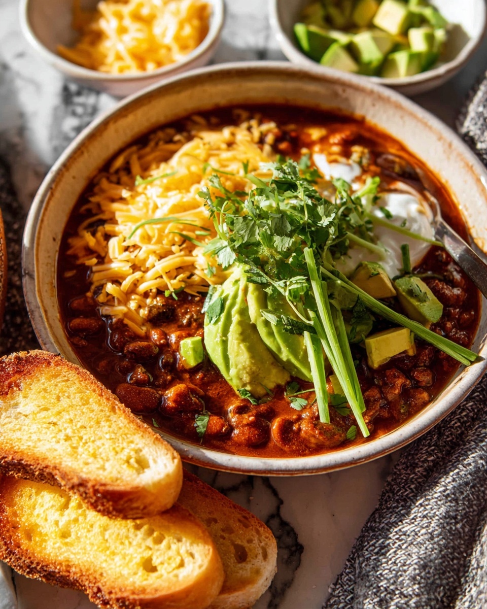 A bowl of thick red chili with visible ground meat and beans forms the first dark reddish-brown layer, topped with shredded bright orange cheddar cheese scattered unevenly. On top, there are fresh green slices of avocado and long green slices of scallions spread across the bowl. Small dollops of white sour cream peek through some parts of the chili, and a few sprigs of chopped green cilantro add more color near the center. The bowl is ceramic with a light brown rim and sits on a dark surface with pieces of buttered biscuit nearby. photo taken with an iphone --ar 4:5 --v 7