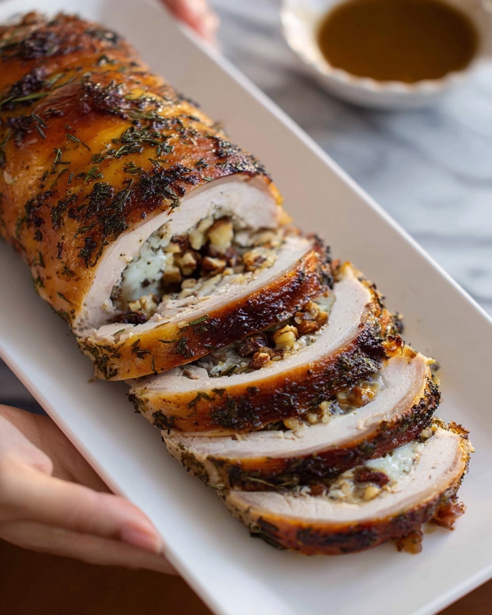 The image shows four thick slices of rolled chicken with a golden-brown crispy skin layer on the outside, revealing a light beige cooked chicken layer inside. The inner layers contain a stuffing made of small bits of dark red cranberries and light-colored nuts, spread evenly throughout the roll. The chicken slices are arranged in a line on a white rectangular plate placed on a white marbled surface. In the background, there is a clear glass bowl filled with a brown sauce and a wooden brush resting on the bowl’s edge, along with a few fresh sage leaves beside the bowl. Photo taken with an iphone --ar 4:5 --v 7