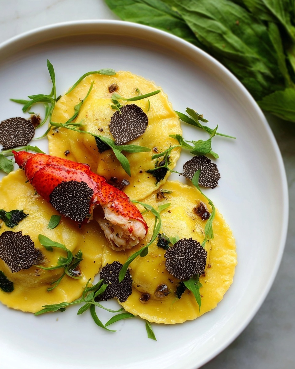 A white plate holds three round yellow ravioli pieces with a smooth texture. Each ravioli is topped with thin dark brown slices that look like truffles and thin green leaves scattered around them. A single bright red lobster claw is placed on top, showing some shine and detail. The plate sits on a white marbled surface next to a bunch of fresh green leaves. photo taken with an iphone --ar 4:5 --v 7