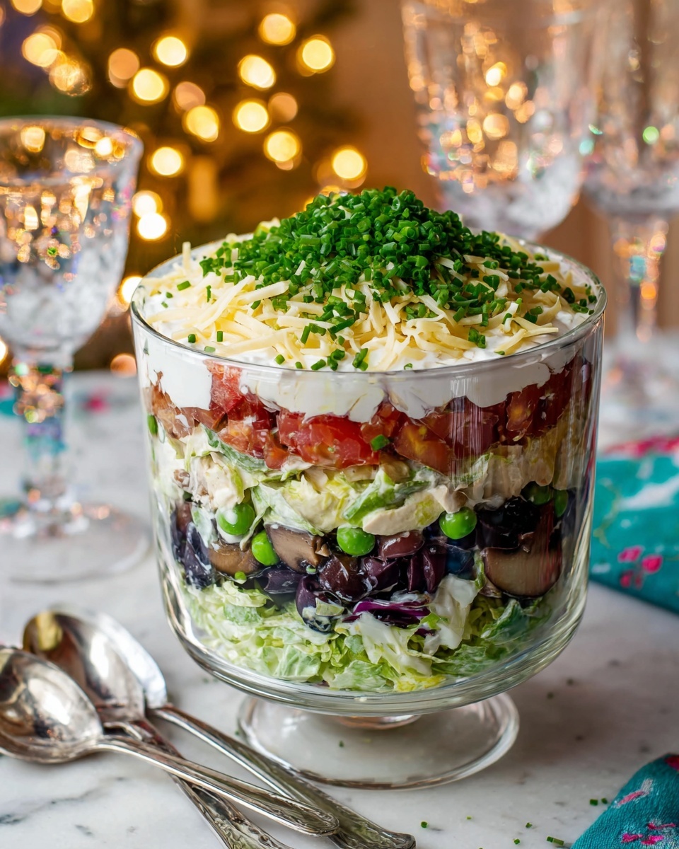 A tall clear glass bowl shows seven colorful layers of a salad, starting from the bottom with light green lettuce followed by a dark purple layer of olives and pomegranate seeds. Above that is a bright green peas layer, then a pale yellow layer of a creamy mixture, topped with chopped red tomatoes mixed with white chunks, which are covered by another creamy white layer. The salad is finished with finely chopped green herbs on top. Two shiny silver spoons rest on the top layer. The bowl sits on a white marbled surface with a blue lace cloth nearby, and blurred warm holiday lights in the background. Photo taken with an iphone --ar 4:5 --v 7
