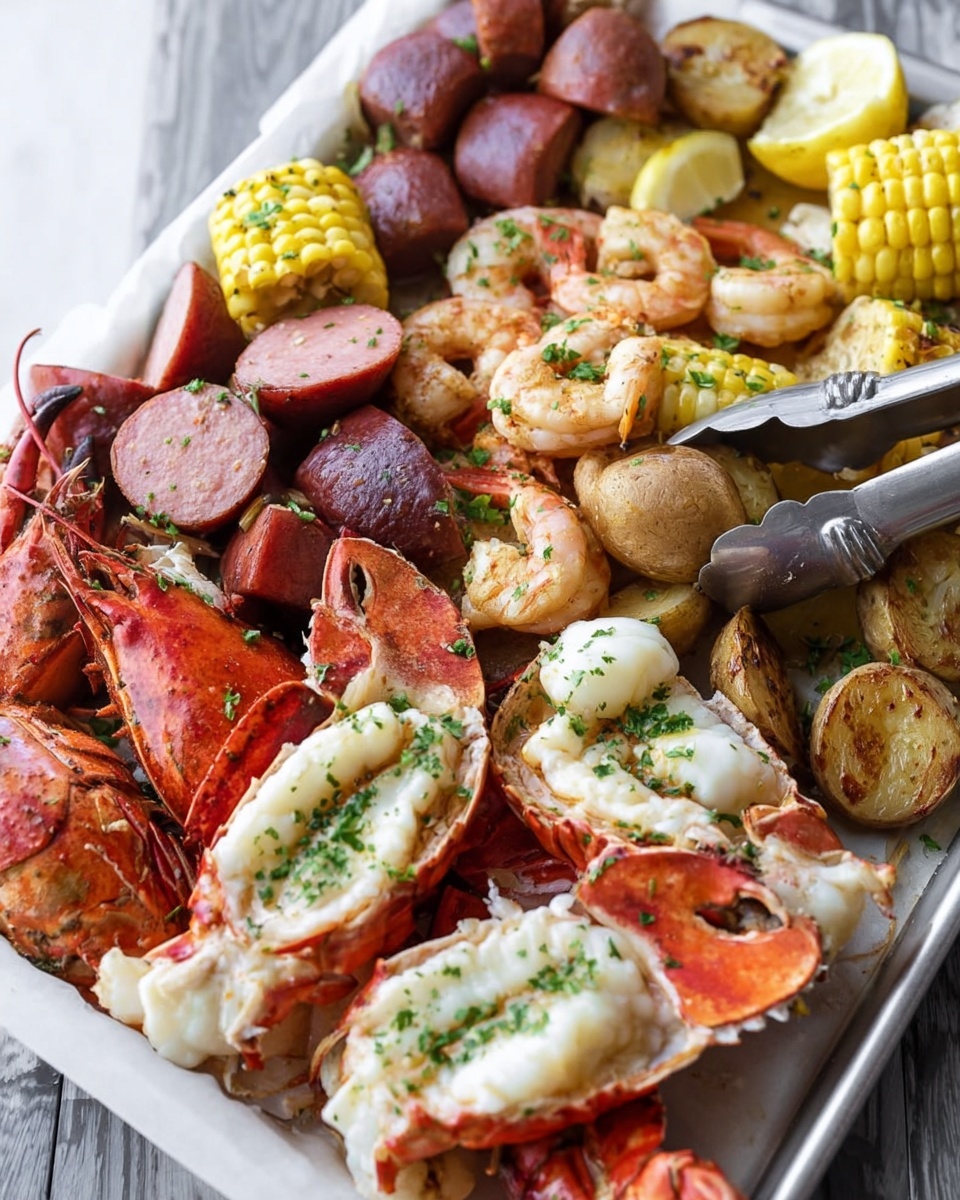 The image shows a platter with several layers of food arranged closely. At the front, there are large pieces of crab legs and lobster tails in orange and white colors, some with tails split open to show white meat inside, sprinkled lightly with herbs. Behind this, there are slices of brown sausage with a reddish hue, mixed with whole cooked shrimp in bright pink with curled tails. To the left side, there are whole roasted mushrooms in dark brown and a whole garlic bulb with light yellow and brown tones. On the right and back sections, several pieces of corn on the cob, cut into thick rounds showing bright yellow kernels, are stacked. Among all this, there are lemon wedges with bright yellow skin and pale yellow insides placed for decoration. The whole dish is placed on a white surface with a white marbled texture in the background, and a woman's hand is holding metal crab crackers on the right edge of the platter. Photo taken with an iphone --ar 4:5 --v 7