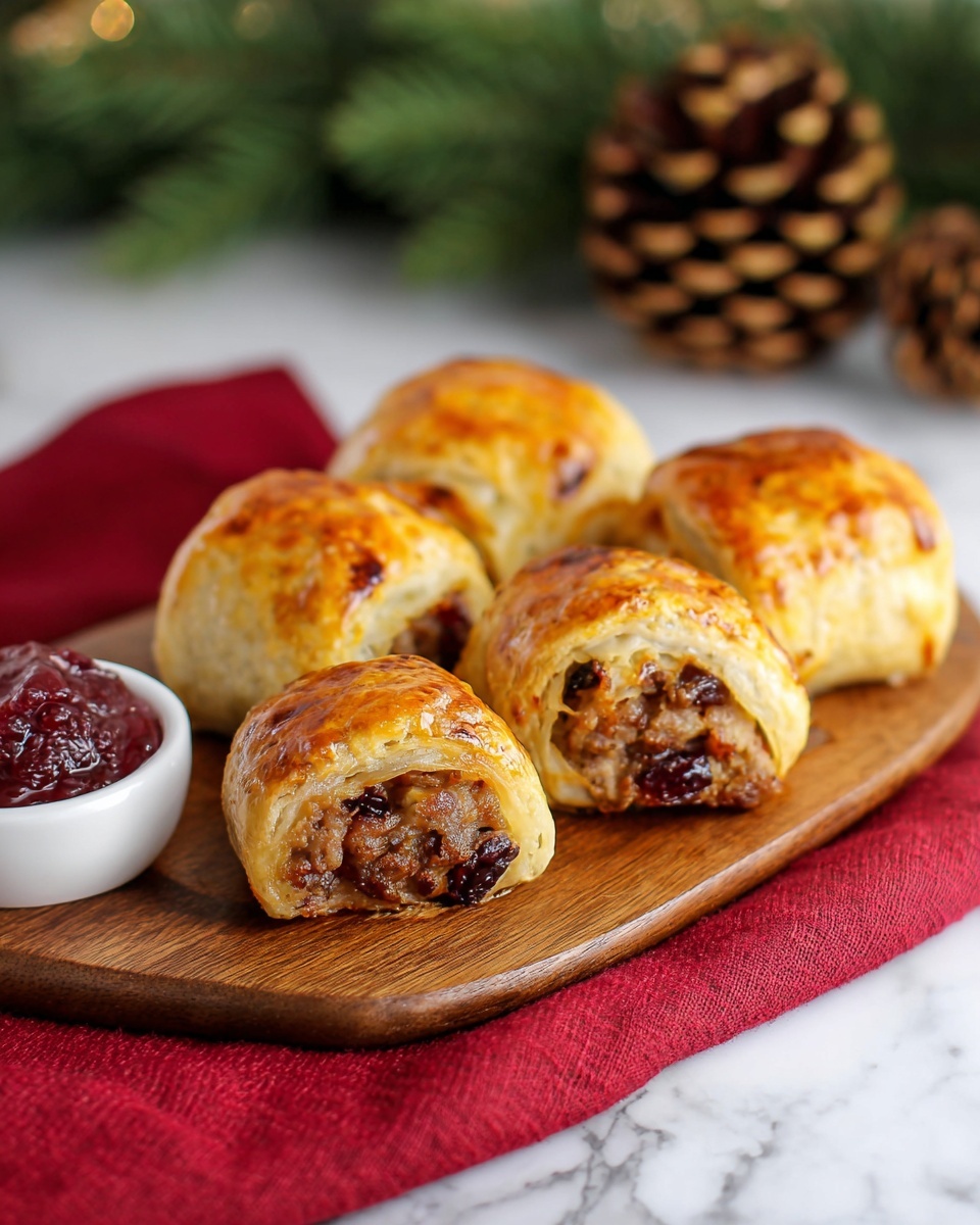 The image shows six small golden brown pastries arranged on a wooden board, each with a slightly flaky and shiny crust. The pastries are cut in half, revealing a filling made of light brown meat mixed with red bits that look like smaller pieces or sauce. The crust on top has a few small lines pressed in, adding texture. Behind the pastries, there is a small white bowl filled with a bright red chunky sauce. The scene is decorated with some green pine branches and a pinecone, placed on a white marbled surface with a burgundy cloth underneath the board. photo taken with an iphone --ar 4:5 --v 7