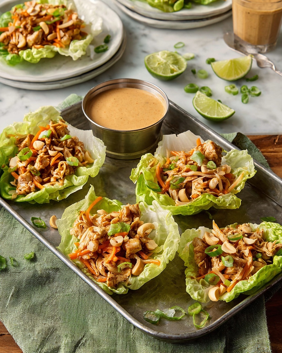 The image shows five lettuce cups arranged on a round white plate. Each cup is made of pale green lettuce leaves, gently curved to hold a mix of cooked light brown chicken pieces and thin orange carrot strips. The chicken and carrots are topped with small pieces of crushed peanuts and garnished with small green onion slices. Around the plate, there are two lime wedges placed on a white marbled surface, and part of a small bowl with creamy light brown dipping sauce is visible in the bottom right corner. The photo taken with an iphone --ar 4:5 --v 7