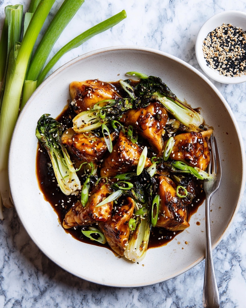 The image shows a white round plate filled with brown pan-fried dumplings that have a shiny glaze. The dumplings are scattered over a bed of bright green, charred bok choy halves. On top, there are thin slices of light green spring onions and a sprinkle of white and black sesame seeds. A silver fork rests on the right side of the plate. The plate is on a white marbled surface with a small bowl of white and black sesame seeds to the upper right and a bunch of green onions laying to the left. photo taken with an iphone --ar 4:5 --v 7
