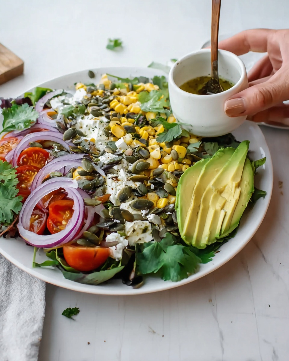 A white plate holds a colorful salad with several visible layers: the bottom is dark green leafy greens, followed by red cherry tomato halves, yellow corn pieces, and small white cheese chunks scattered on top. Fresh green avocado slices are spread over the salad along with thin purple onion rings. Dark green pumpkin seeds are sprinkled generously all over, and fresh cilantro leaves add a touch of bright green. A woman's hand is holding a small white ramekin bowl with a wooden spoon above the salad, as if ready to pour dressing, with a white marbled texture surface beneath the plate. photo taken with an iphone --ar 4:5 --v 7