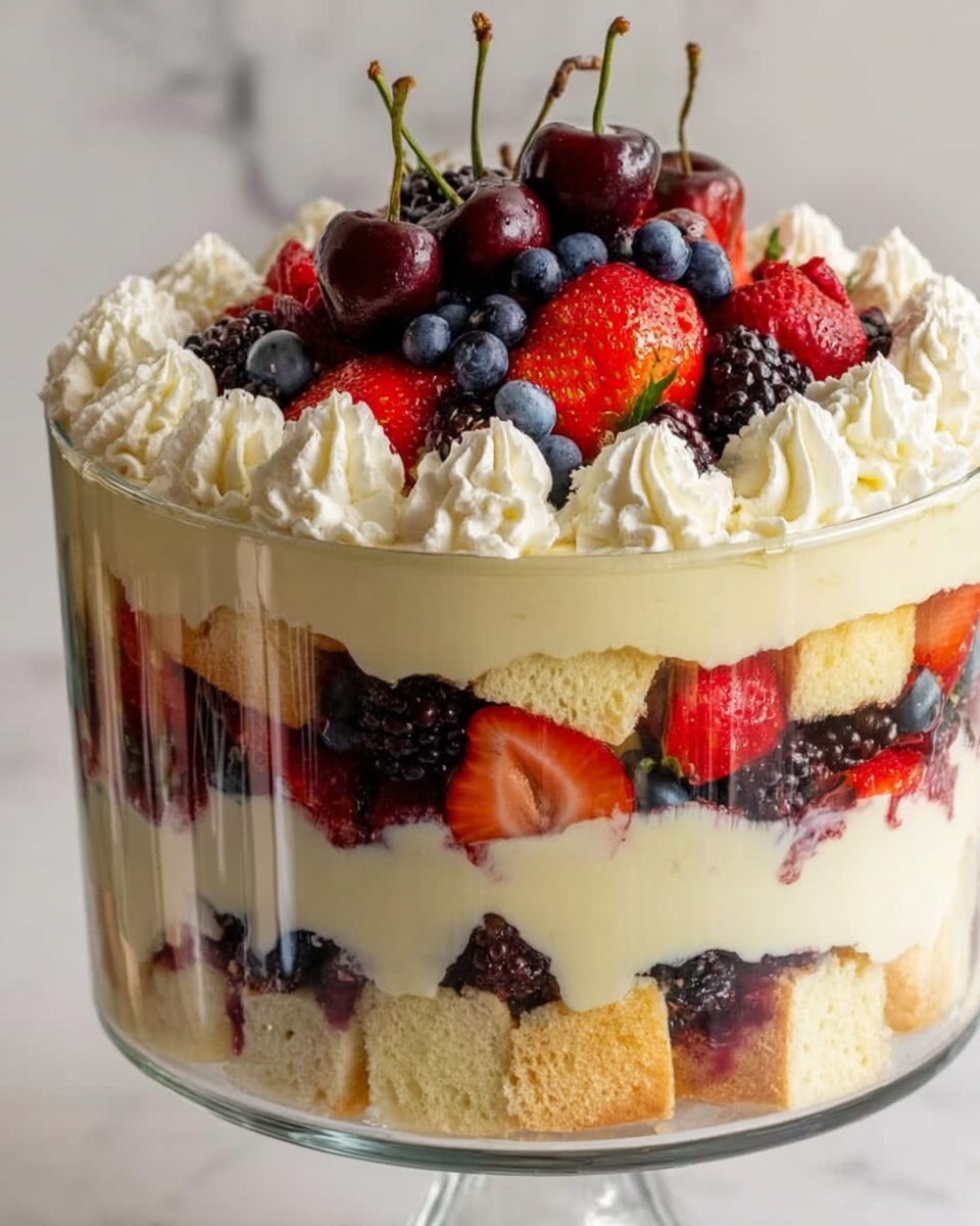 A clear glass trifle bowl on a tall, fluted glass stand holds a layered dessert with six visible layers. Starting from the bottom, the first layer is light yellow sponge cake pieces mixed with red strawberries and dark blueberries. Above it is a thick creamy white layer. The third layer repeats the sponge cake mixed with halved strawberries and blueberries. The fourth layer is another thick creamy white layer. The fifth layer is sponge cake with strawberries and blueberries embedded. The top sixth layer is thick white cream piped in swirls around the edge and filled in the middle with a mix of whole strawberries, blackberries, blueberries, and cherries. The bowl is set on a white marbled surface, and the background is white. Photo taken with an iphone --ar 4:5 --v 7