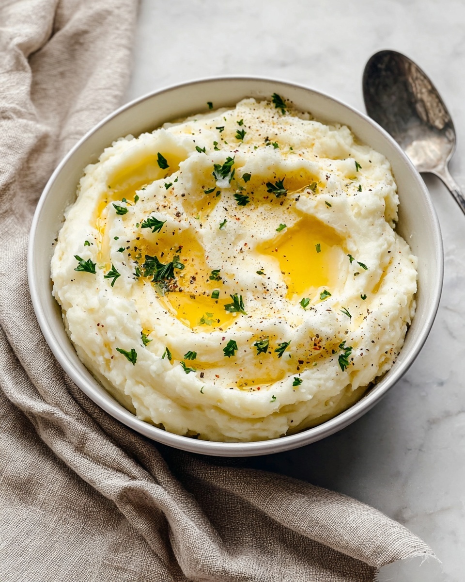 A bowl filled with creamy mashed potatoes, showing soft, smooth white layers with swirls on top. In the middle, there is melted yellow butter pooling lightly and spreading out. The mashed potatoes are sprinkled with small green herbs and tiny black pepper flakes. The bowl is white and sits on a white marbled surface with some fresh green herb leaves nearby and a white plate with more chopped herbs in the background. A soft striped cloth is placed next to the bowl. Photo taken with an iphone --ar 4:5 --v 7