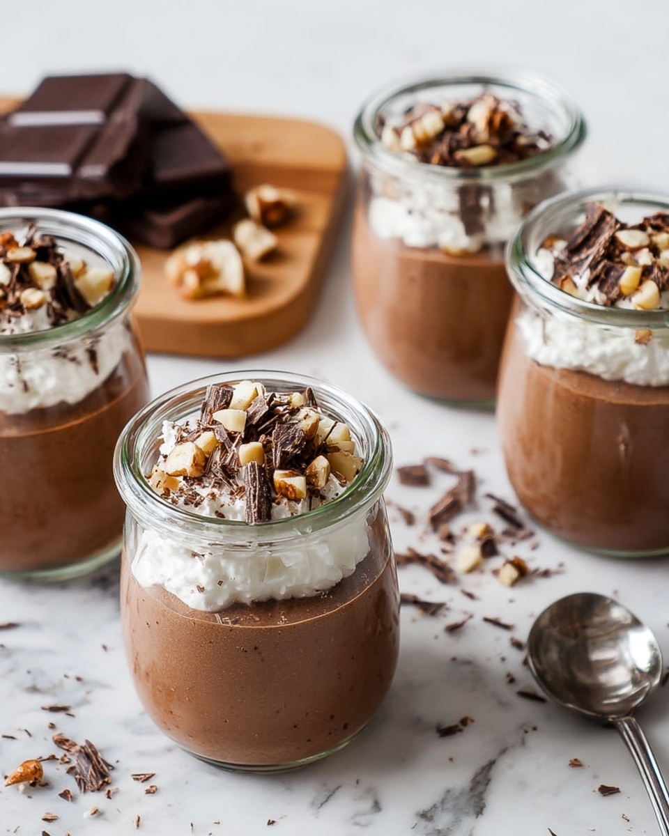 Four clear glass jars are filled with two layers: a thick, smooth, light brown chocolate mousse on the bottom, topped with a dollop of white whipped cream. The whipped cream is sprinkled with dark brown shaved chocolate pieces and light brown chopped nuts. The jars sit on a white marbled surface, with a wooden cutting board in the background holding a solid dark chocolate bar, more shaved chocolate pieces, and scattered chopped nuts. A silver spoon lies nearby. Photo taken with an iphone --ar 4:5 --v 7