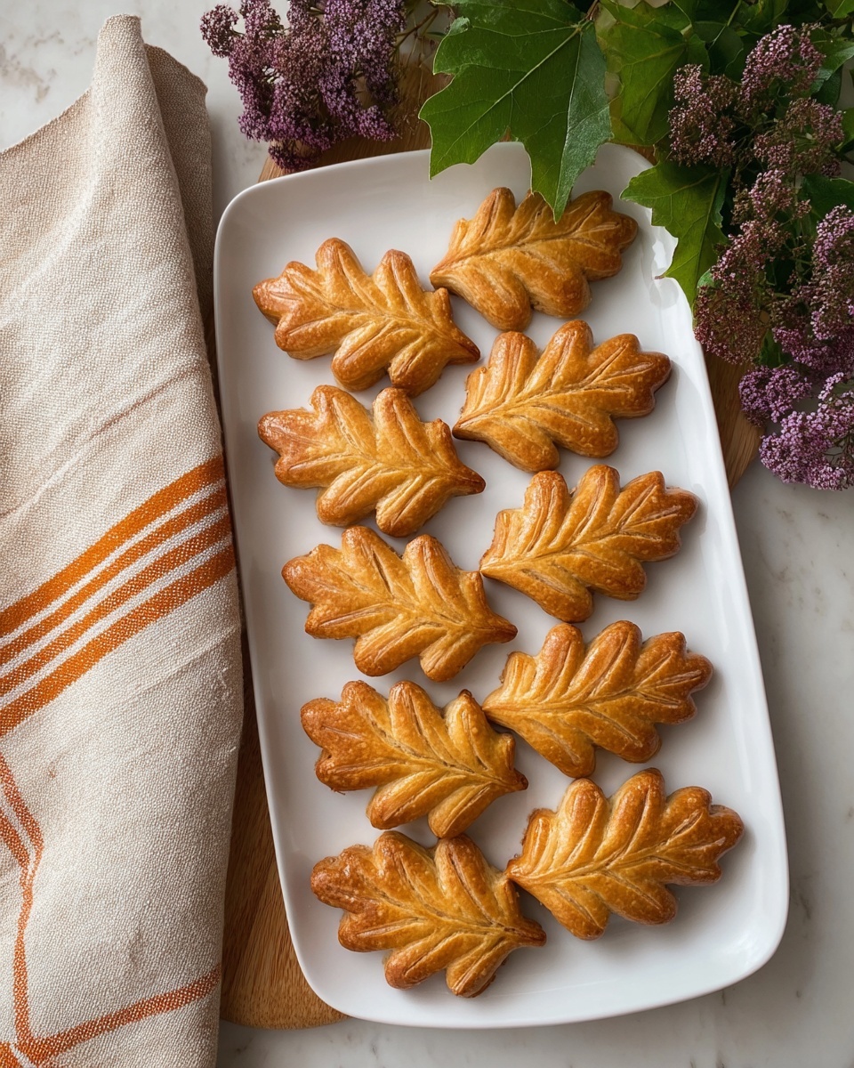 Six golden-brown pastries shaped like oak leaves are neatly arranged in two columns of three on a glossy white square plate. Each pastry has a shiny, smooth surface with detailed vein lines etched on top, mimicking the natural leaf texture. The plate sits on a wooden cutting board background with a white marbled texture, surrounded by soft tan autumn leaves and bright purple flowers with green stems on both the left and right sides. A folded beige cloth with brown stripes is visible on the left edge. The photo was taken with an iphone --ar 4:5 --v 7