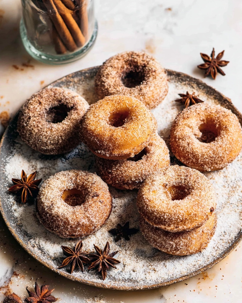 A round tray filled with a layer of white sugar and cinnamon powder holds eight brown cinnamon sugar-coated doughnuts. The doughnuts have a slightly crunchy texture from the sugar coating and are arranged with some stacked on top of each other near the upper part of the tray. Around the doughnuts, there are a few star anise pieces adding a dark brown star shape contrast to the sugar layer. The tray sits on a white marbled surface with a cinnamon stick-filled glass jar partially visible in the upper left corner. photo taken with an iphone --ar 4:5 --v 7