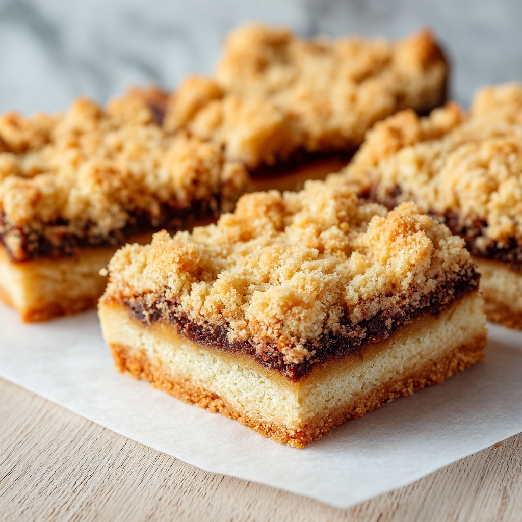 The image shows square-shaped dessert bars with three clear layers. The bottom layer is a light golden brown crust that looks firm and slightly crumbly. The middle layer is a dark brown, thick filling that appears smooth and jelly-like. The top layer consists of small, uneven, pale yellow crumb pieces that give a rough texture. One bar is placed in the front, separated from the rest which are still grouped closely together on a white parchment paper, all resting on a wooden surface. Photo taken with an iphone --ar 4:5 --v 7