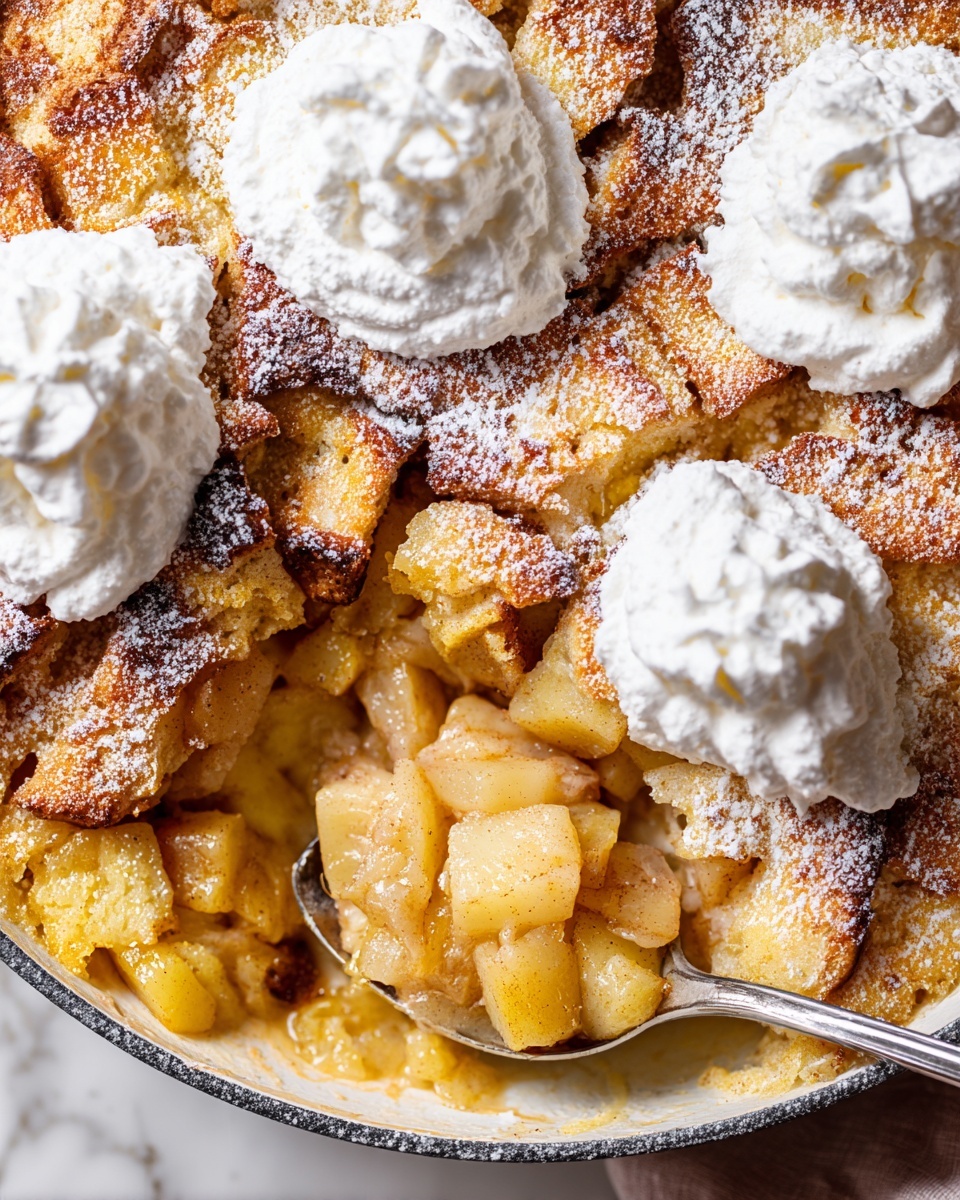 The image shows a white pan filled with a layered dish. The bottom and middle layers have golden brown, irregular chunks of baked bread mixed with small, soft, yellow apple pieces that have a slightly cooked texture. On top, there are three big dollops of fluffy white whipped cream placed around the pan. The whole dish is sprinkled with a light dusting of white powdered sugar, making it look sweet and fresh. The pan rests on a wooden board over a white marbled surface. Photo taken with an iphone --ar 4:5 --v 7