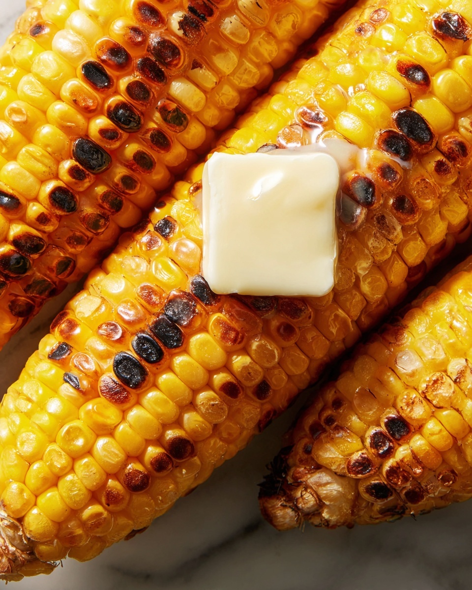 A close-up shows two ears of grilled corn with bright yellow kernels, many of which have dark brown and black grill marks, giving a slightly charred look. One ear of corn has a soft, thick, off-white square of butter slowly melting on top, glistening against the warm kernels. The corn’s texture looks juicy and tender with a mix of smooth and rough burnt spots. The background is a white marbled surface. Photo taken with an iphone --ar 4:5 --v 7