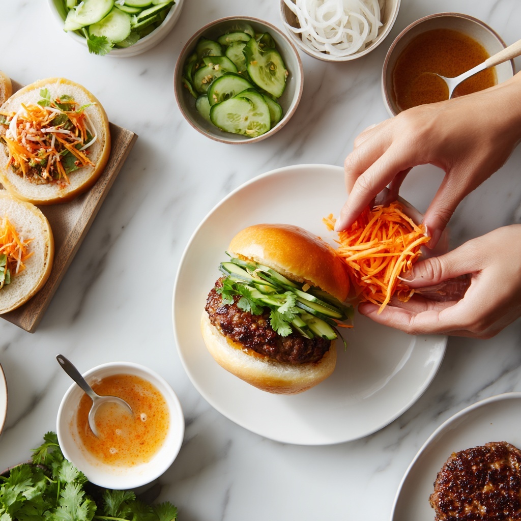 A close-up of a sandwich being made on a white marbled surface, showing one woman's hand holding the sandwich and the other woman’s hand placing shredded carrot on top. The sandwich is open with two halves of a golden bun; the bottom half has a dark brown grilled meat patty layered with green cucumber slices and bright orange shredded carrots. A plain white plate holds the buns and sandwich, while around it are several small white bowls containing light orange sauce with a spoon, shredded carrots and white radish, sliced green peppers, green cilantro leaves, and cucumber slices. Another cooked meat patty rests on a white plate to the side. Photo taken with an iphone --ar 4:5 --v 7