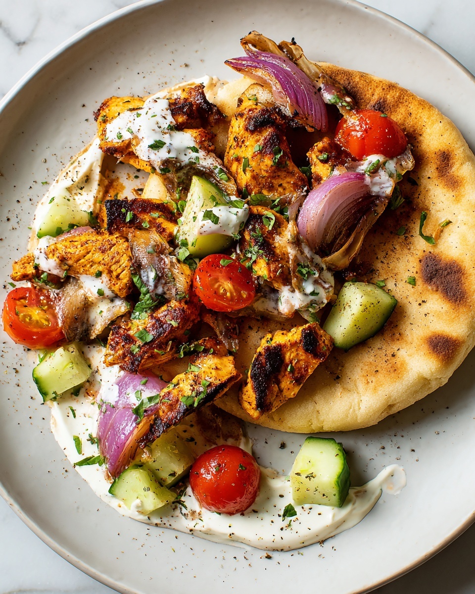 The image shows a close-up of a white baking tray filled with grilled strips of brown-seasoned meat and charred red onion slices. On top of the meat are scattered bright red halved cherry tomatoes and small green cucumber cubes, all lightly sprinkled with chopped herbs. A creamy white sauce with green herb flecks is generously drizzled over everything. A woman's hand is pulling apart a soft white pita bread filled with meat, tomatoes, cucumber, onion, and sauce. In the background, more white pita breads and a white marbled surface are visible. photo taken with an iphone --ar 4:5 --v 7